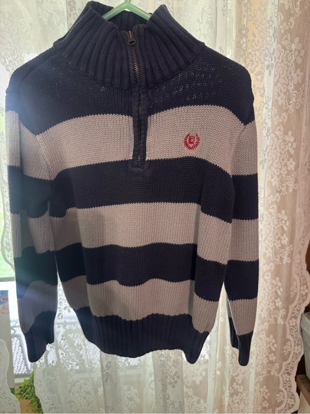 Chaps Navy and Gray Striped Half-Zip Sweater